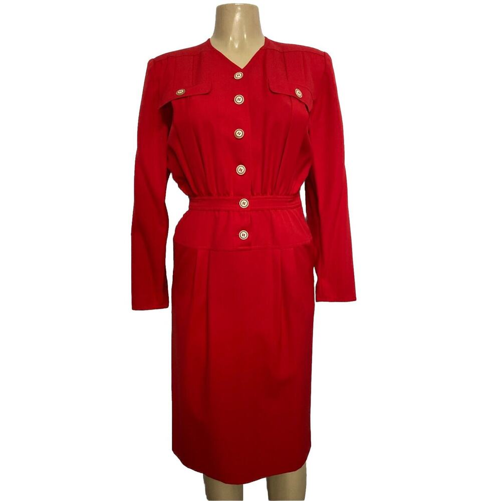Vintage Valentino Miss V Red Dress Sheath Wool Long Sleeve Button Knee 42 M